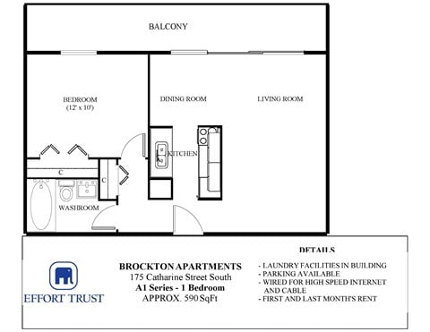 Floor plan for 1 bed, 1 bath, 700 sqft